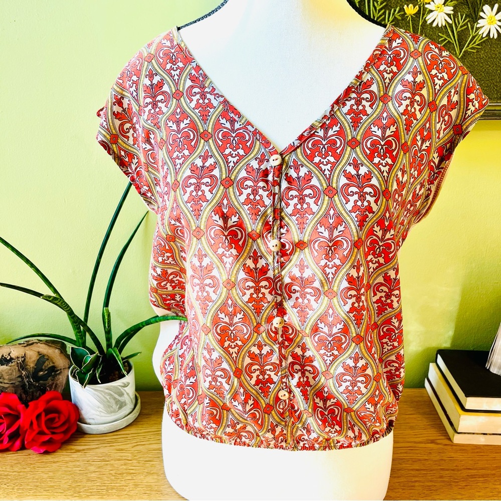 Benefit - Red and Gold Patterned Women's Top with button accents